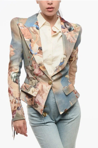 Balmain Patterned Linen 1-button Blazer With Lace-up Details In Blue