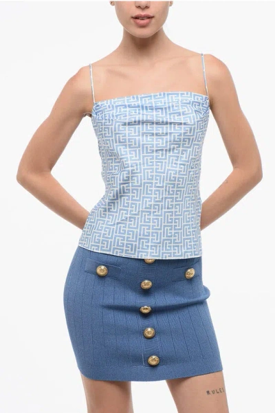 Balmain Silk Cowl Neck Top With All-over Logo In Blue