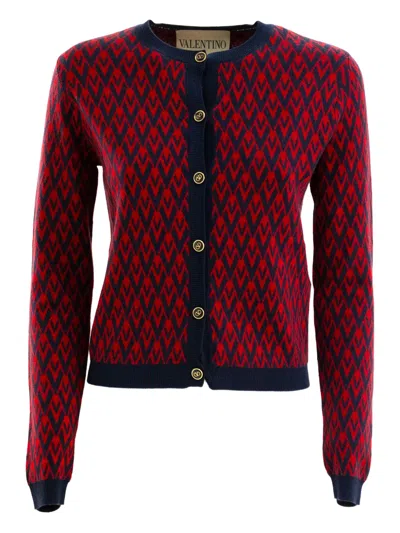 Valentino Chevron-pattern Ruffled Cardigan In Red