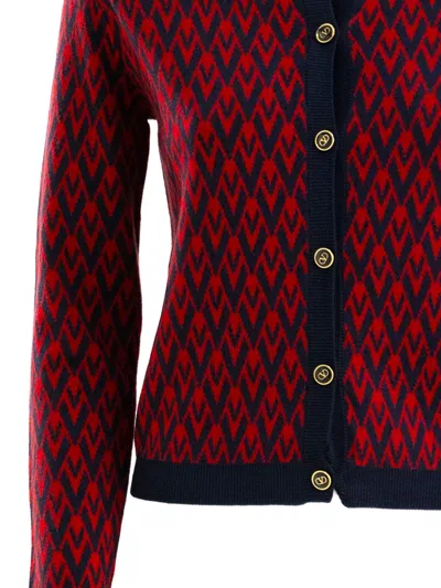 Valentino Chevron-pattern Ruffled Cardigan In Red
