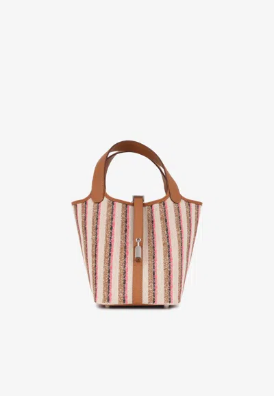 Hermes Picotin 18 In Ecru Canvas, Rose Pop, Fauve, Noir Embroidery And Gold Swift In Multi