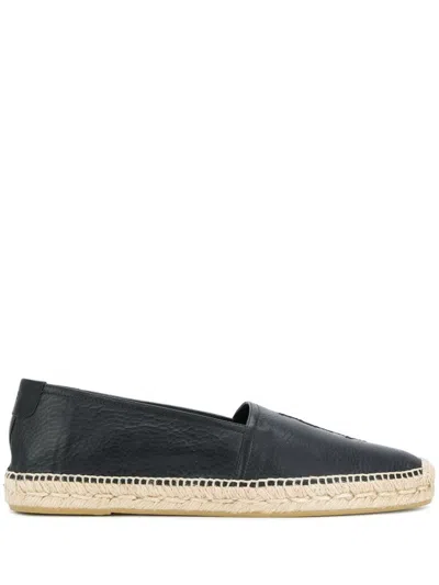 Saint Laurent Black Leather Monogram Espadrilles In Black