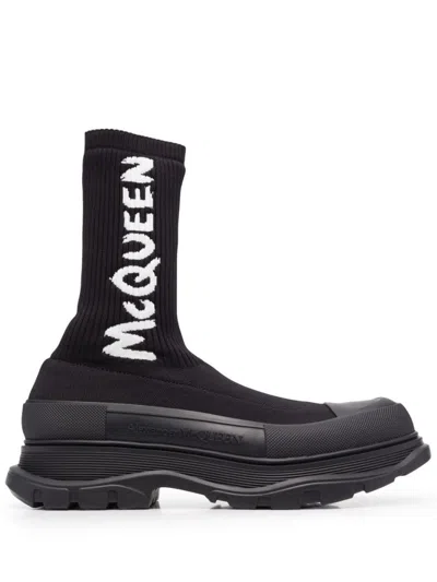 Alexander Mcqueen Black Sock-style Logo-print Boots In Nero Scuri