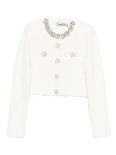 Self-portrait White Crewneck Cropped Cardigan With Crystal Embellishments On The Collar In Cotton Blend Woman In White