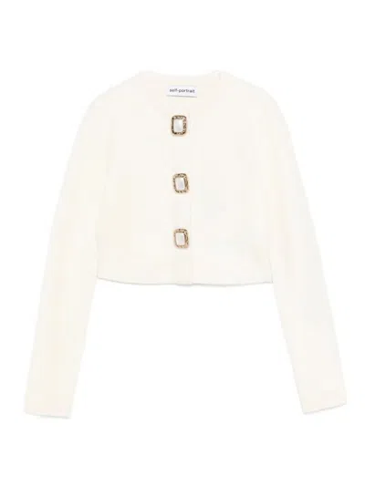Self-portrait Womens Cream Cropped Embellished Stretch-wool Blend Cardigan In White