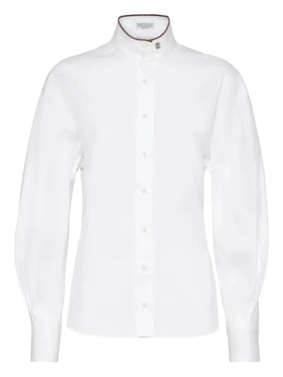 Brunello Cucinelli Stretch Cotton Poplin Shirt With Shiny Collar Detail In White