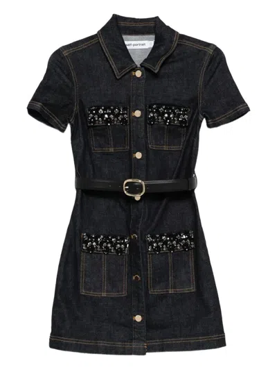 Self-portrait Indigo Denim Crystal Trim Mini Dress In Black