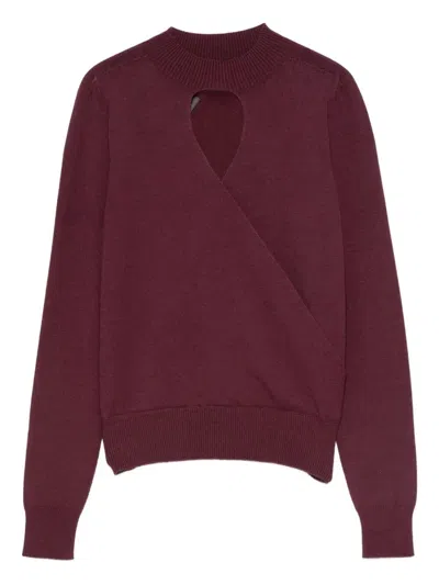 Twinset Twin-set Burgundy Knit Sweater With Keyhole Neck And Ribbed Hem In Burgundy