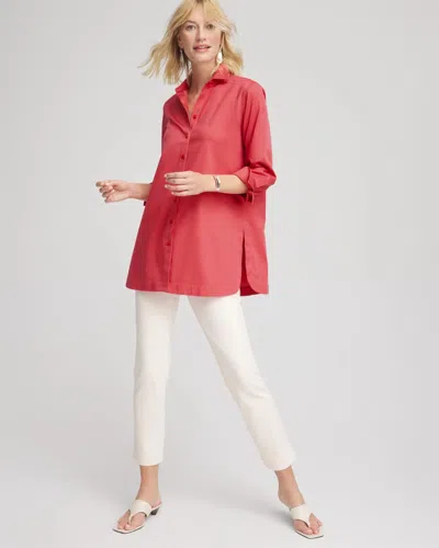 Chico's No Iron Classic Button Down Tunic In Folkloric Red