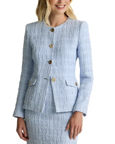 St John St. John Collection Plaid Textured Cotton Blend Tweed Jacket In Blue