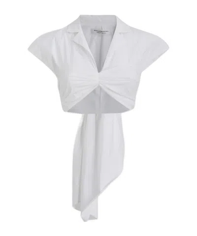 Philosophy Di Lorenzo Serafini Draped Collared Cap Sleeves Cropped Top In White