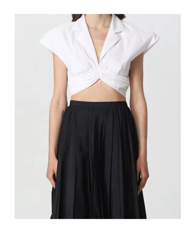 Philosophy Di Lorenzo Serafini Draped Collared Cap Sleeves Cropped Top In White