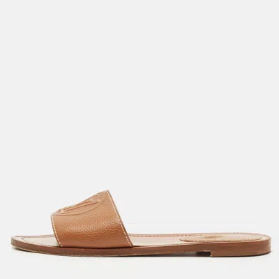 Pre-owned Louis Vuitton Brown Leather Lock It Flat Slides Size 37