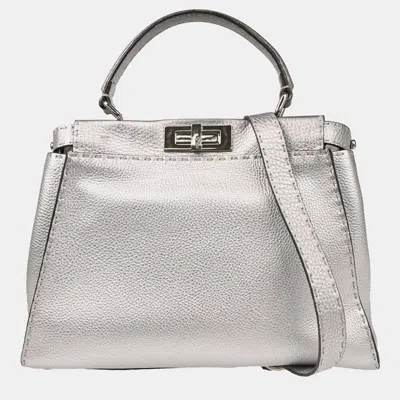 Pre-owned Fendi Silver Leather Peekaboo 2way Handbag