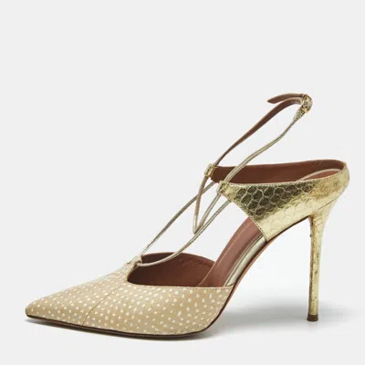 Pre-owned Malone Souliers Gold/beige Leather And Python Embossed Daria Mules Size 41