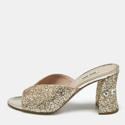 Pre-owned Miu Miu Gold Glitter And Leather Slide Block Heel Sandals Size 38