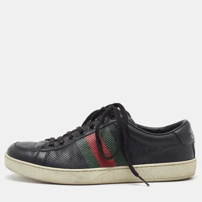 Pre-owned Gucci Black Perforated Leather Web Detail Low Top Sneakers Size 40