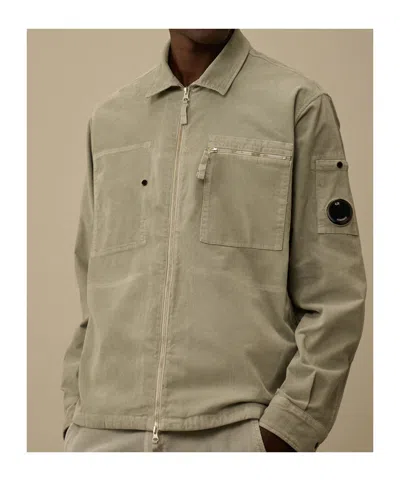 C.p. Company Corduroy Overshirt With Front Zipper And Logo Patch In Nude