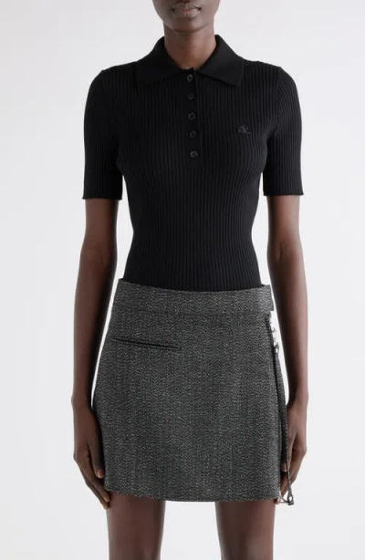 Courrèges Iconic Rib Knit Polo In Black