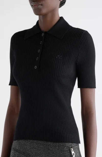 Courrèges Iconic Rib Knit Polo In Black