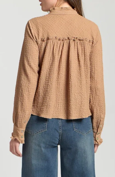 Apny Ruffle Long Sleeve Crop Button-up Shirt In Brown