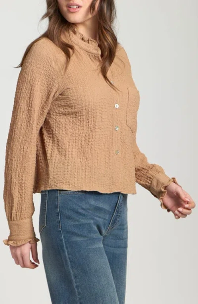 Apny Ruffle Long Sleeve Crop Button-up Shirt In Brown