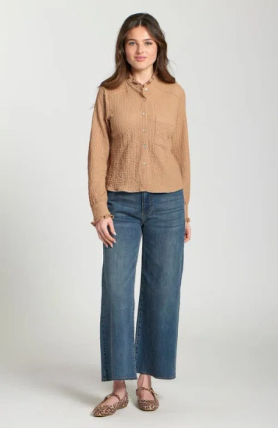 Apny Ruffle Long Sleeve Crop Button-up Shirt In Brown