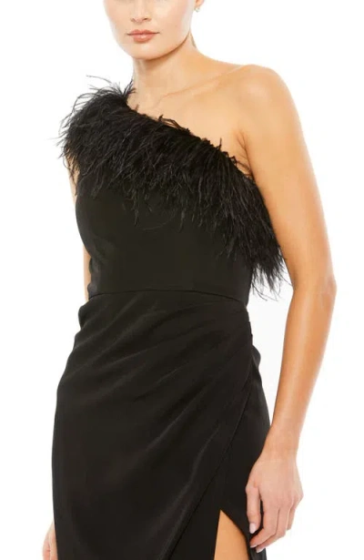 Mac Duggal Asymmetric Draped Evening Dress With Feather Detail In Black