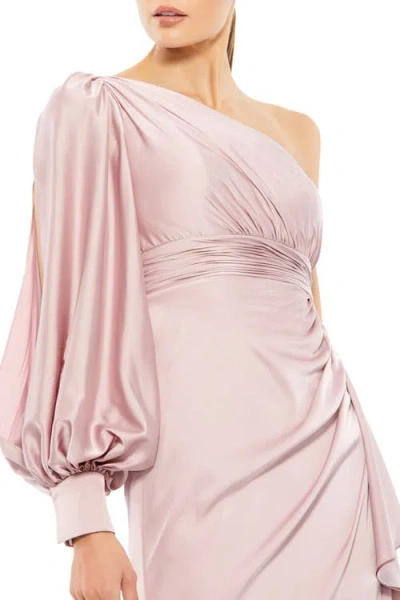 Mac Duggal One-shoulder Bishop Sleeve Gown With Ruched Waist And Thigh-high Slit In Pink