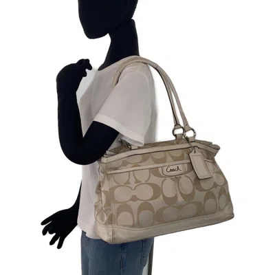Pre-owned Coach Beige White Signature Line Leather Shoulder Bag Tote Bag ()