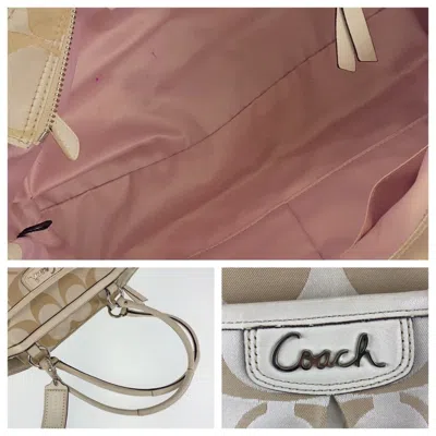 Pre-owned Coach Beige White Signature Line Leather Shoulder Bag Tote Bag ()