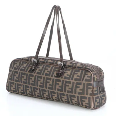 Pre-owned Fendi Zucca Brown Leather Canvas Handbag Tote Bag ()