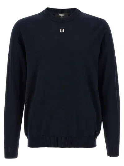 Fendi Ff Logo Wool Crewneck Sweater In Blue