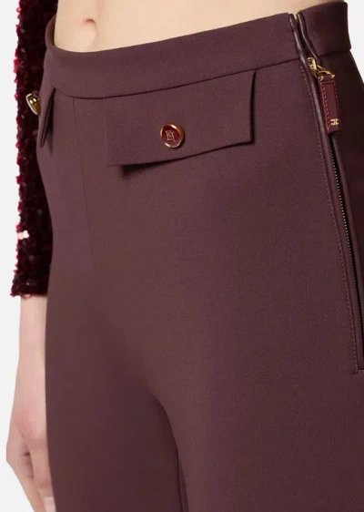 Elisabetta Franchi Straight Stretch Crepe Trousers With Rivet In Brown