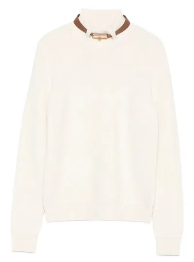 Elisabetta Franchi Ribbed High Neck Tricot Sweater In White
