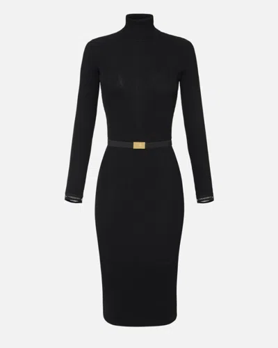 Elisabetta Franchi Dress In Ribbed Knit Fabric With Belt In Black