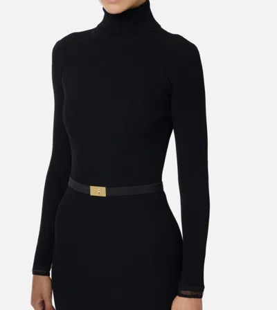 Elisabetta Franchi Dress In Ribbed Knit Fabric With Belt In Black