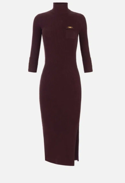 Elisabetta Franchi Midi Dress With High Neck And Side Slit Detail In Burgundy