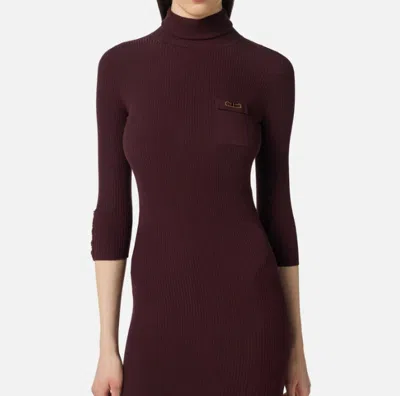 Elisabetta Franchi Midi Dress With High Neck And Side Slit Detail In Burgundy