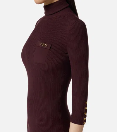Elisabetta Franchi Midi Dress With High Neck And Side Slit Detail In Burgundy