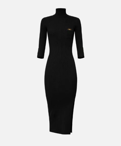 Elisabetta Franchi Form-fitting Black Midi Dress With Ribbed Texture And Logo Detail In Black