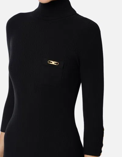 Elisabetta Franchi Form-fitting Black Midi Dress With Ribbed Texture And Logo Detail In Black