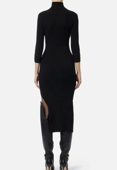 Elisabetta Franchi Form-fitting Black Midi Dress With Ribbed Texture And Logo Detail In Black