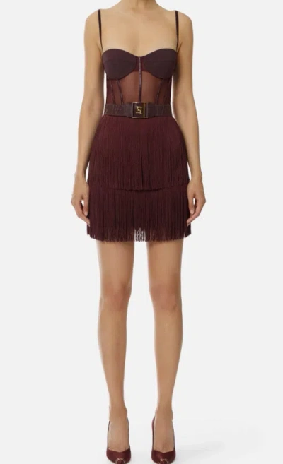 Elisabetta Franchi Mini Dress In Tulle And Fringes In Burgundy