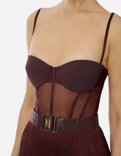 Elisabetta Franchi Mini Dress In Tulle And Fringes In Burgundy