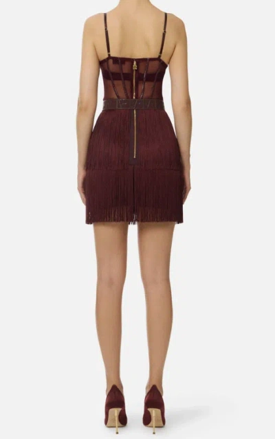 Elisabetta Franchi Mini Dress In Tulle And Fringes In Burgundy