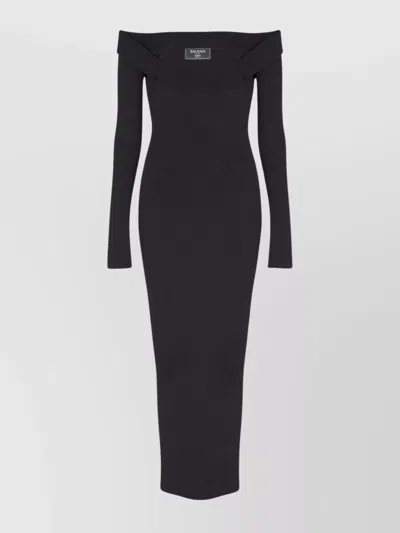 Balmain Double Collar Knit Zipped Midi Dress In Black