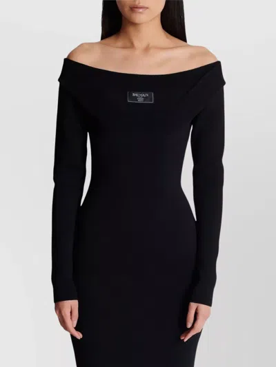 Balmain Double Collar Knit Zipped Midi Dress In Black