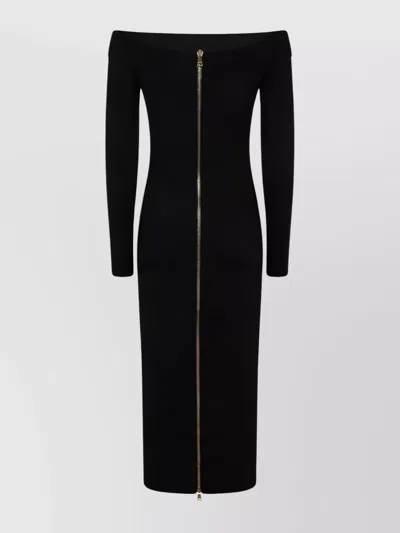 Balmain Double Collar Knit Zipped Midi Dress In Black