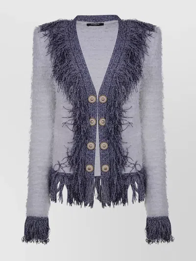 Balmain Women's Collarless Glittered Fringed Tweed Jacket In Purple